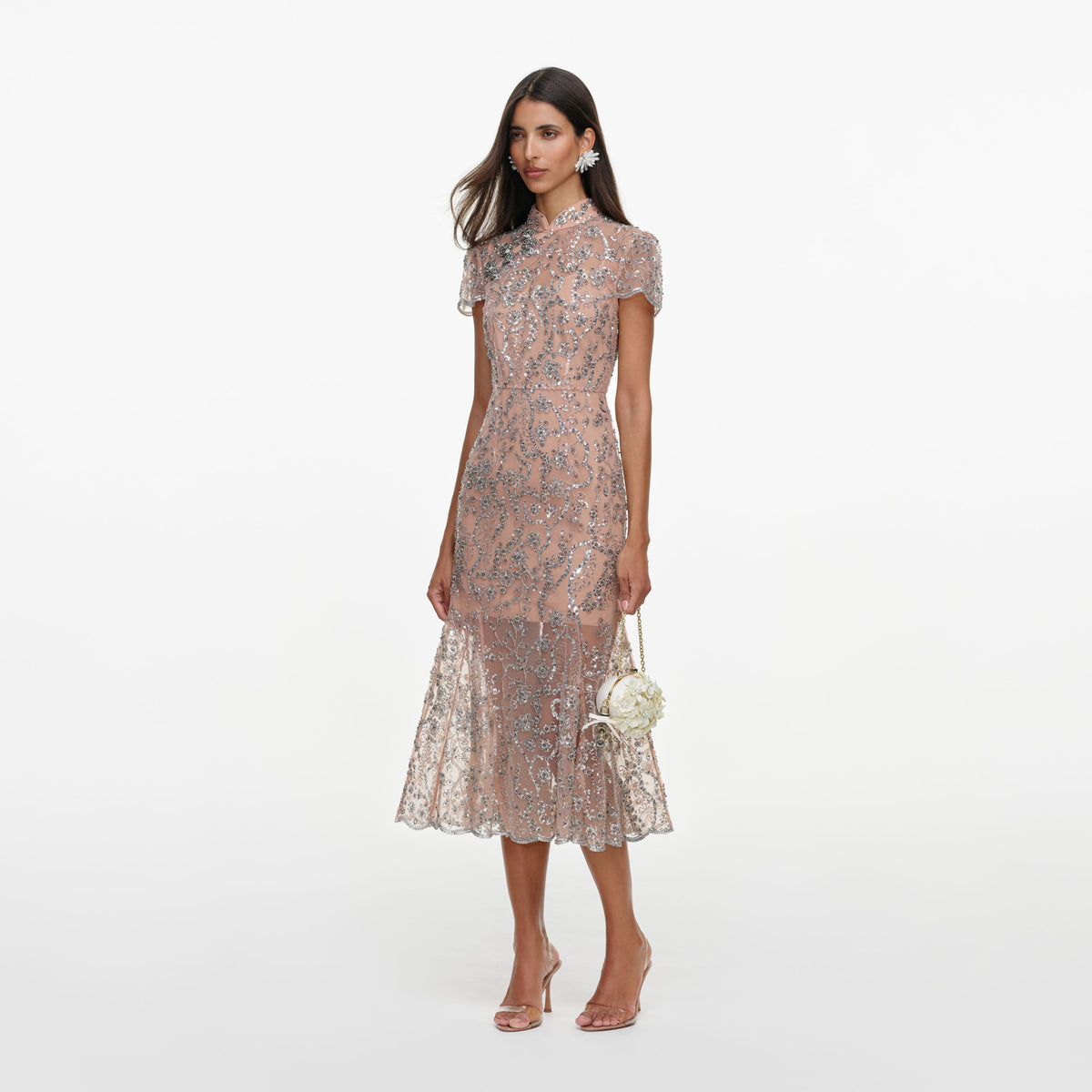 Side view of a woman wearing the Silver Sequin Embellished Midi Dress