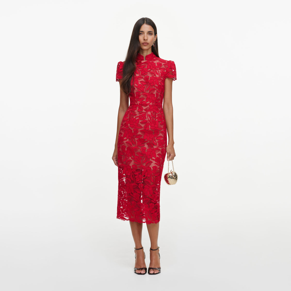 Front view of a woman wearing the Red Lace Midi Dress