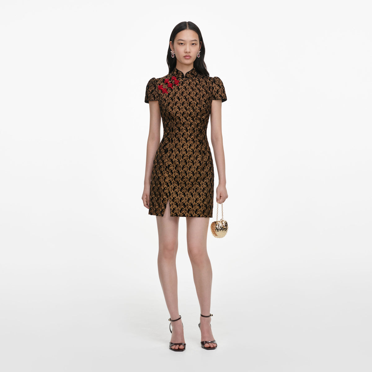 Front view of a woman wearing the Black Velvet Flower Mini Dress