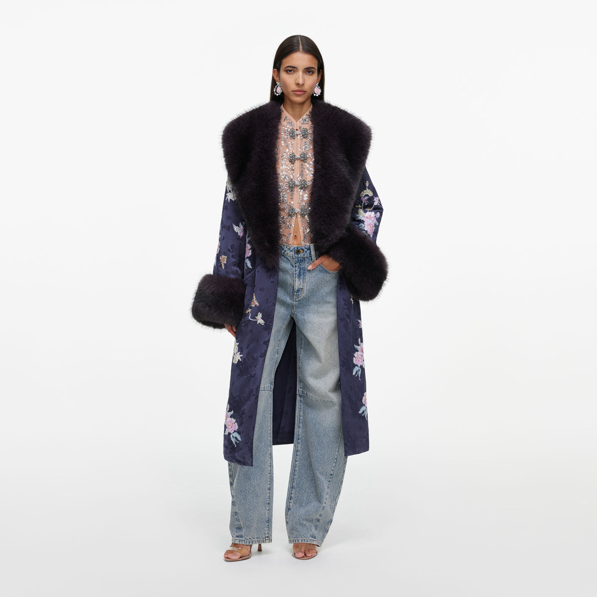 Navy Floral Jacquard Fur Collar Coat