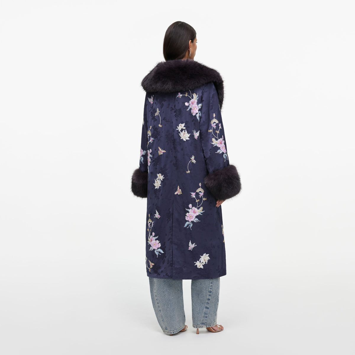 Navy Floral Jacquard Fur Collar Coat