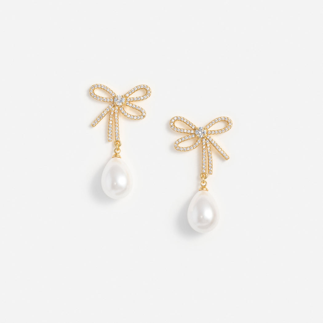 Gold Textured Bow Pearl Earrings