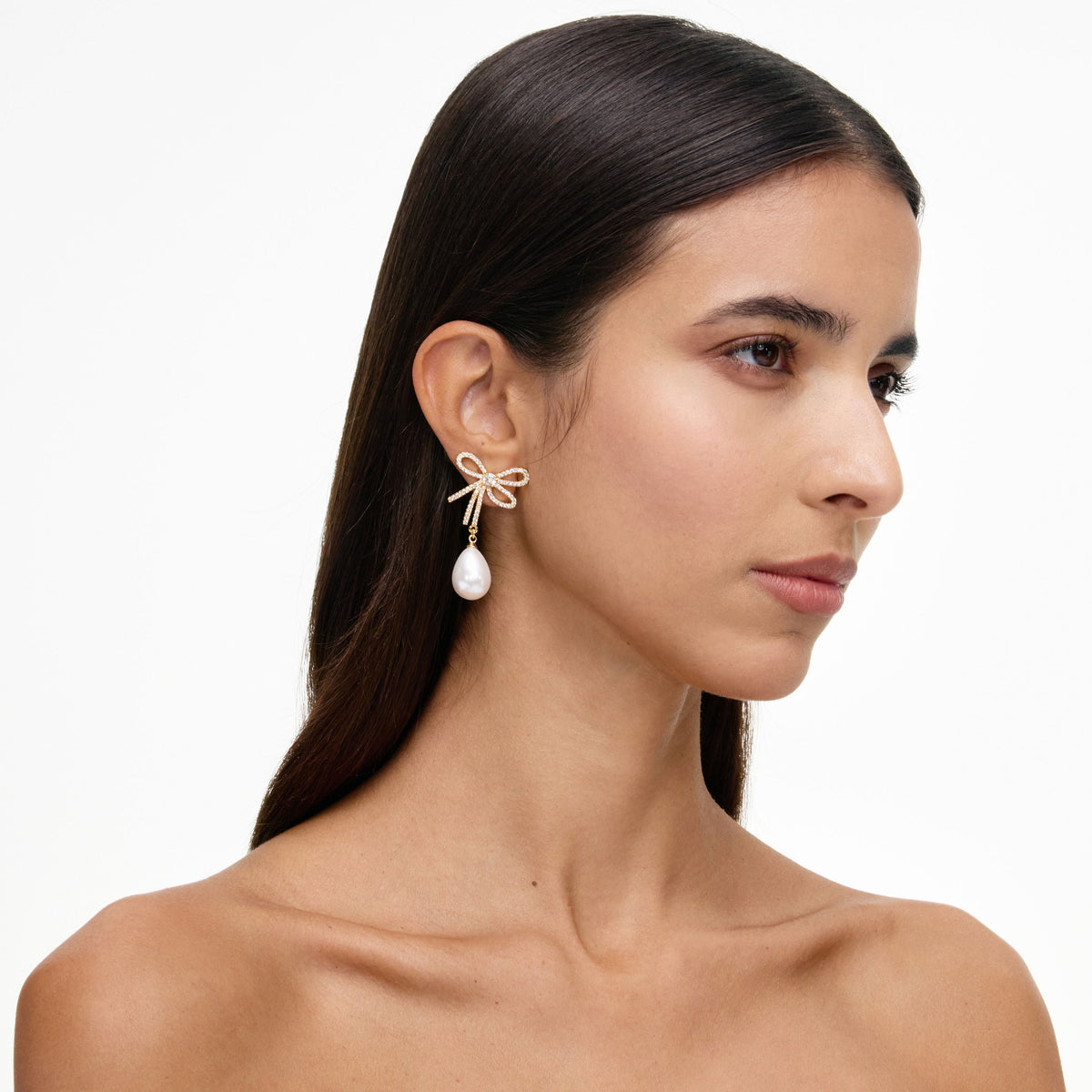 Gold Textured Bow Pearl Earrings