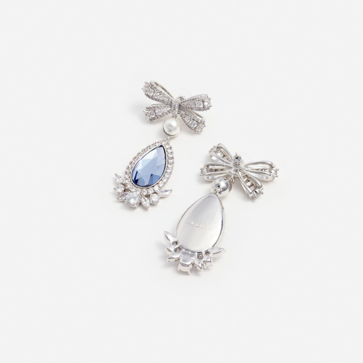 Blue Crystal Bow Pearl Droplet Earrings