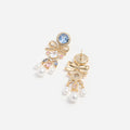 Gold Multi Crystal Bow Pearl Droplet Earrings