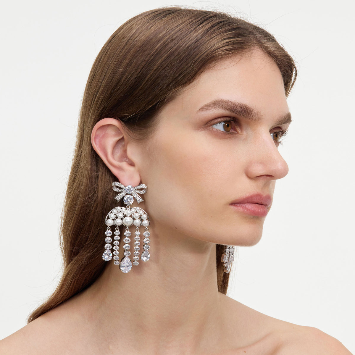 Pearl Crystal Bow Droplet Earrings