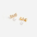 Gold Crystal Bow Pearl Droplet Earrings