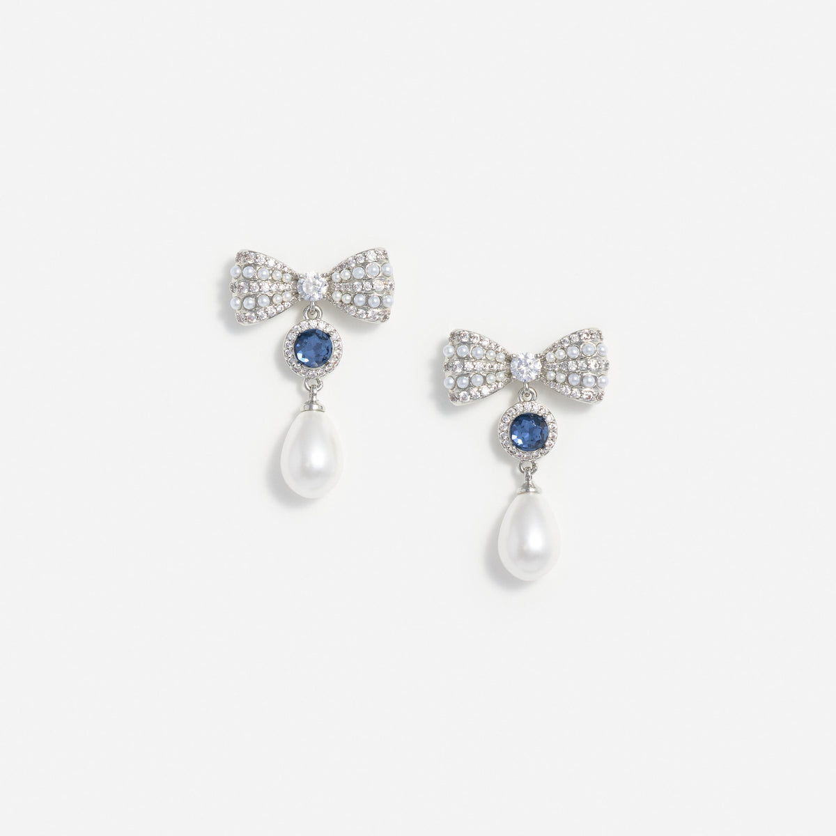 Silver Crystal Bow Blue Pearl Droplet Earrings
