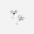 Silver Crystal Bow Blue Pearl Droplet Earrings