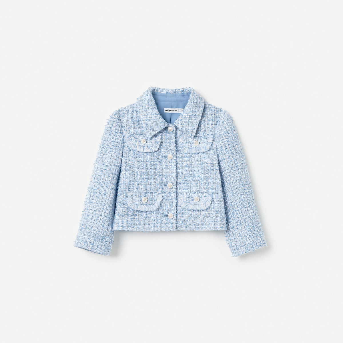 Front view of a girl wearing the Blue Textured Boucle Jacket