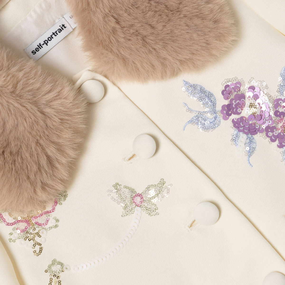 Cream Floral Jacquard Fur Collar Jacket