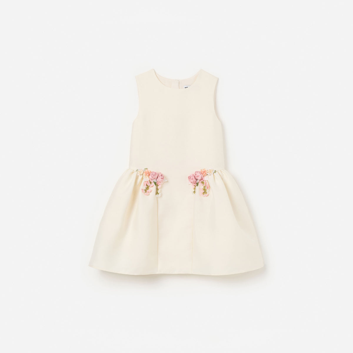 Front view of a girl wearing the Cream Taffeta Flower Dress