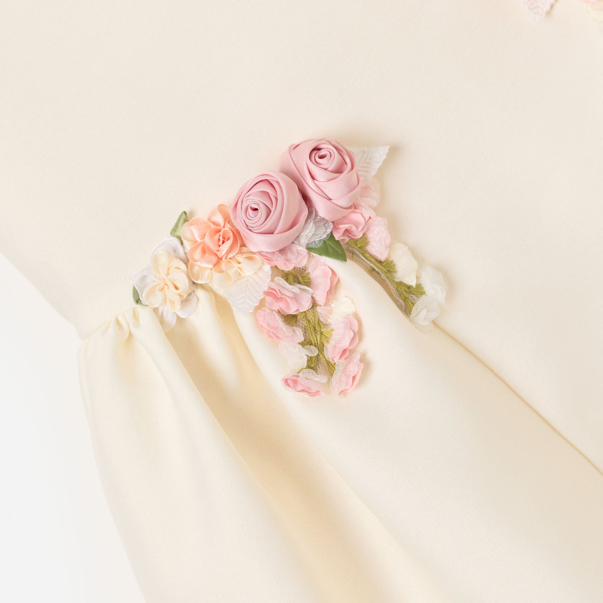 Detail Shot of the Cream Taffeta Flower Dress