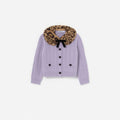 Purple Cable Knit Printed  Fur Collar Cardigan