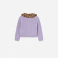 Purple Cable Knit Printed  Fur Collar Cardigan