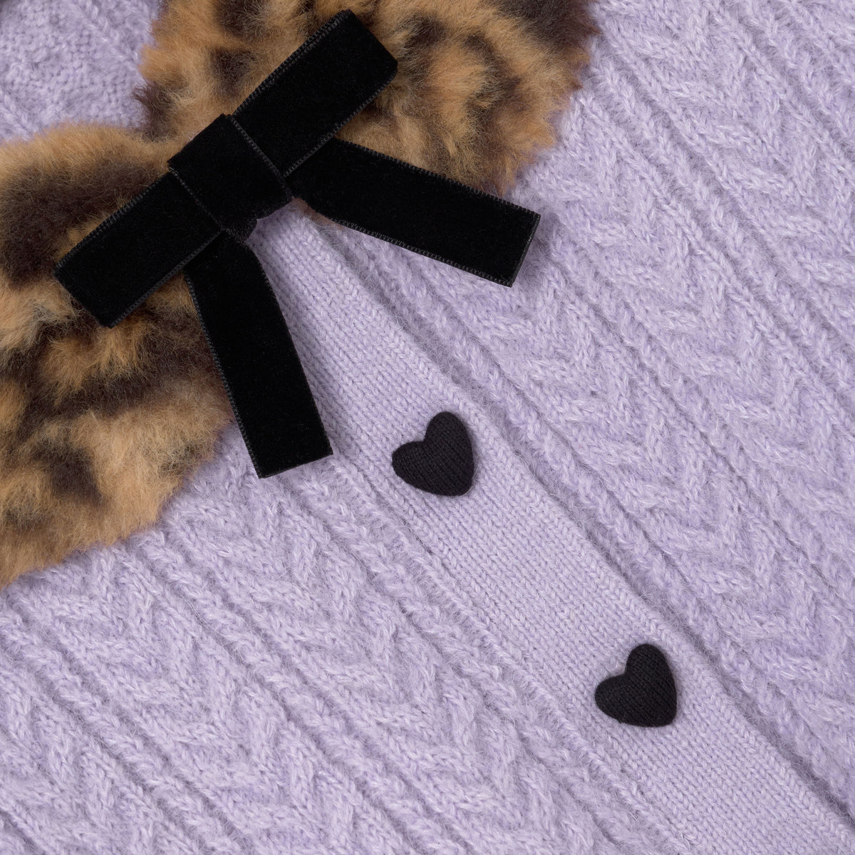 Purple Cable Knit Printed  Fur Collar Cardigan