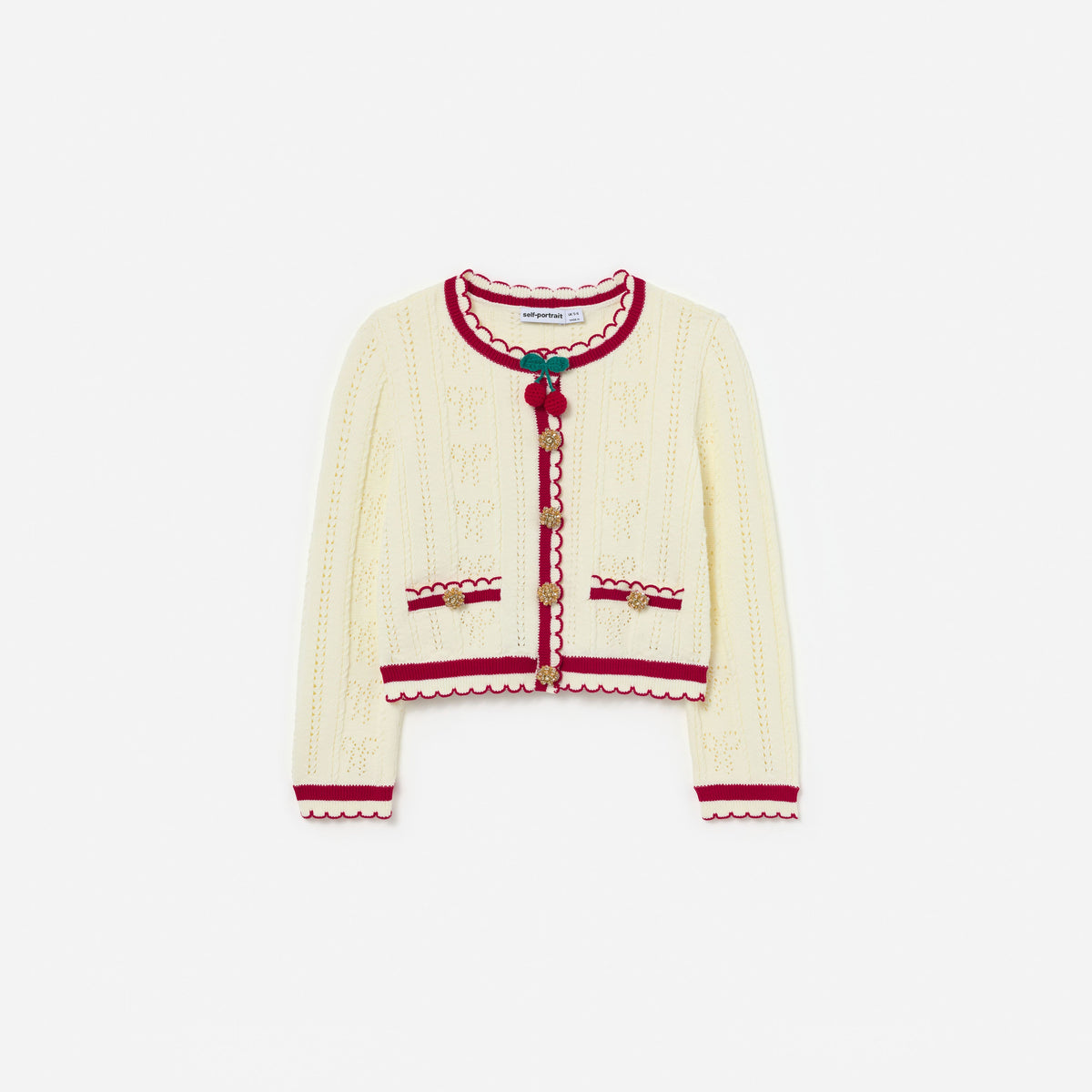 Cream Pointelle Knit Stripe Cherry Cardigan