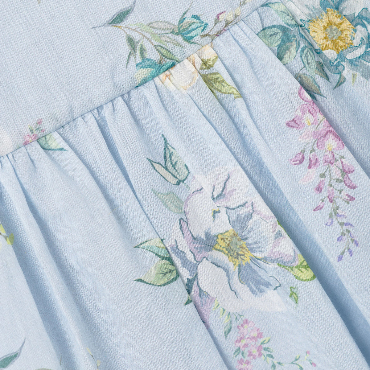 Detail Shot of the Blue Floral Printed Sleeveless Ramie Dress