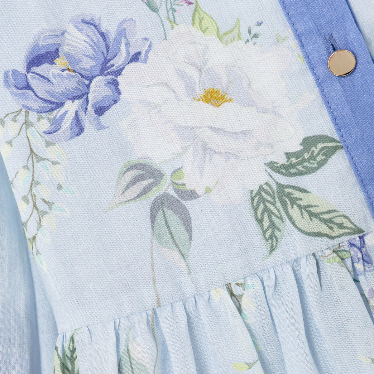 Detail Shot of the Blue Floral Printed Ramie Dress