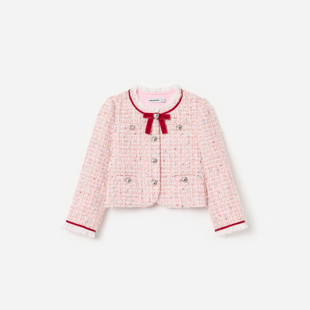 Front view of a girl wearing the Pink Textured  Boucle Frill Collar  Jacket