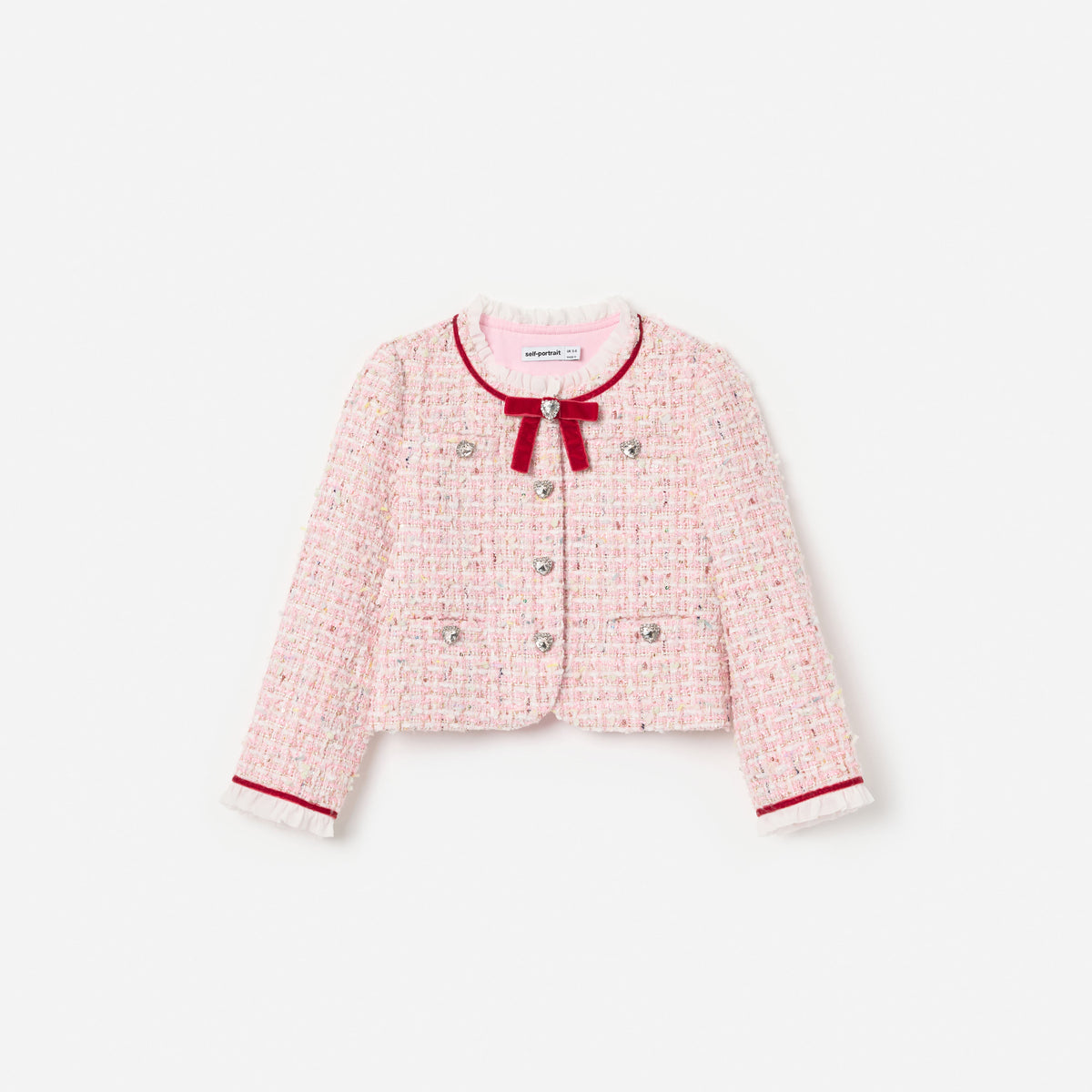 Front view of a girl wearing the Pink Textured  Boucle Frill Collar  Jacket
