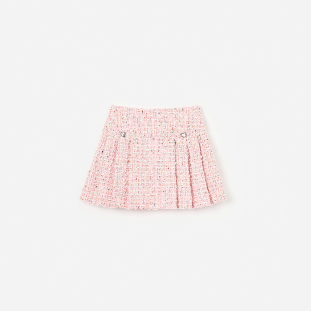 Front view of a girl wearing the Pink Textured Boucle Mini Skirt
