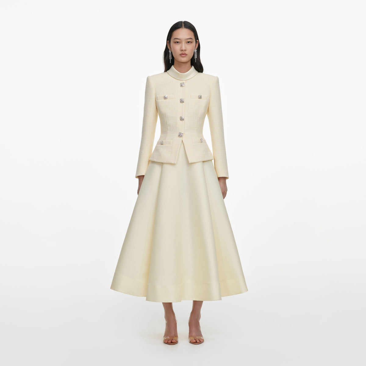 Front view of a woman wearing the Yellow Boucle And Taffeta Midi Dress