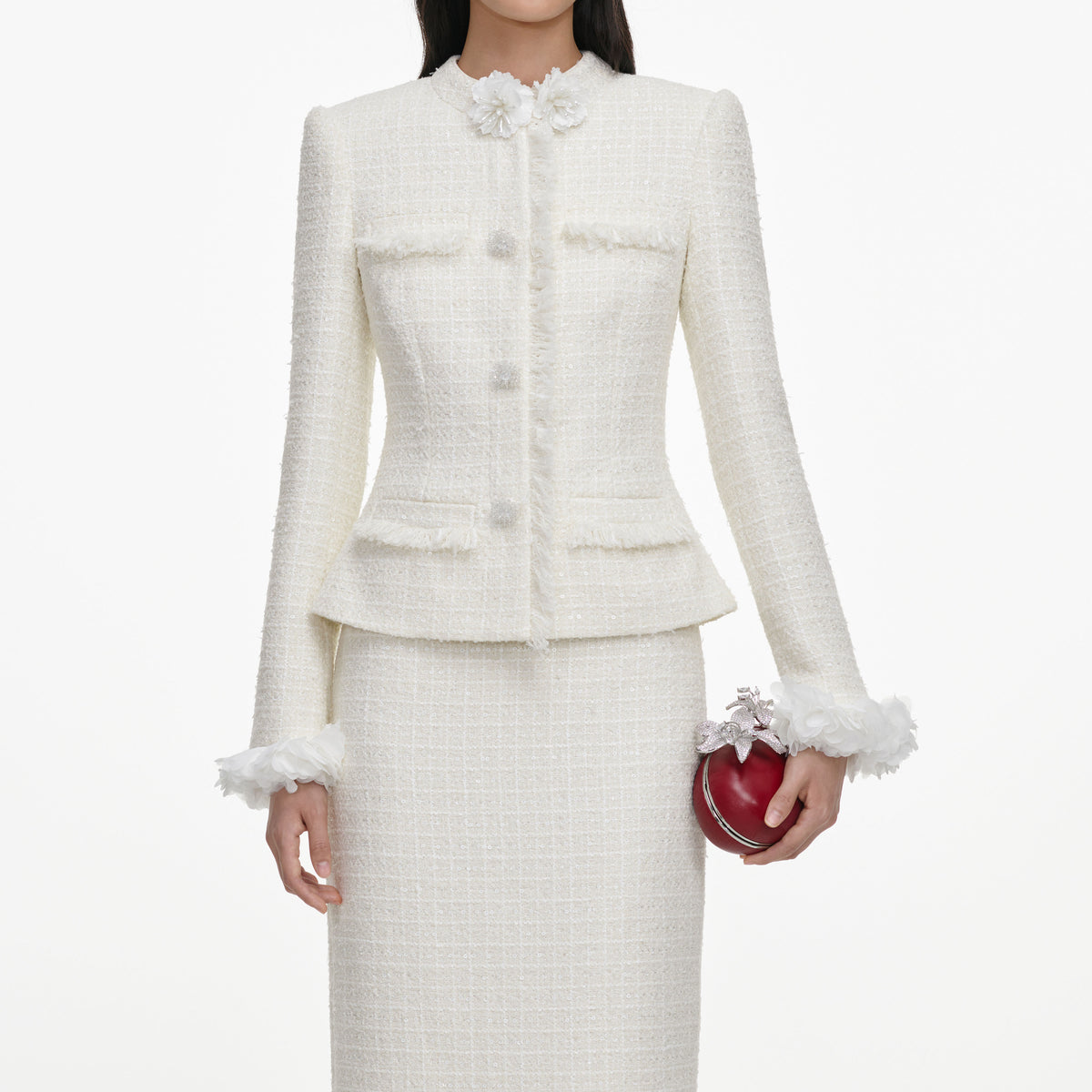 Cream Boucle Flower Midi Dress