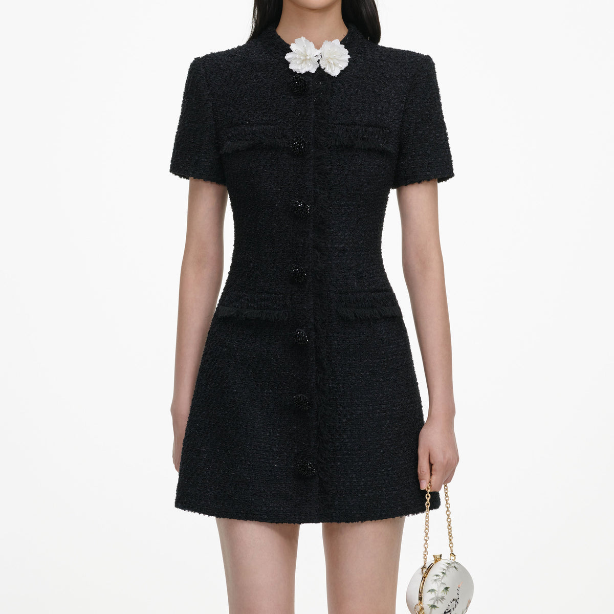 Black Boucle Flower Mini Dress