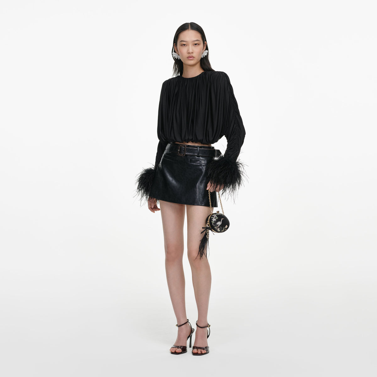 Black Jersey Gathered Feather Top