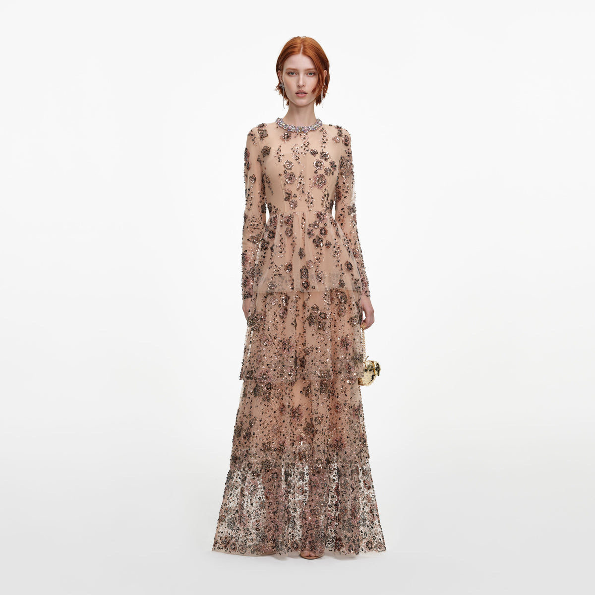 Front view of a woman wearing the Beige Sequin Embellished Tiered Maxi Dress