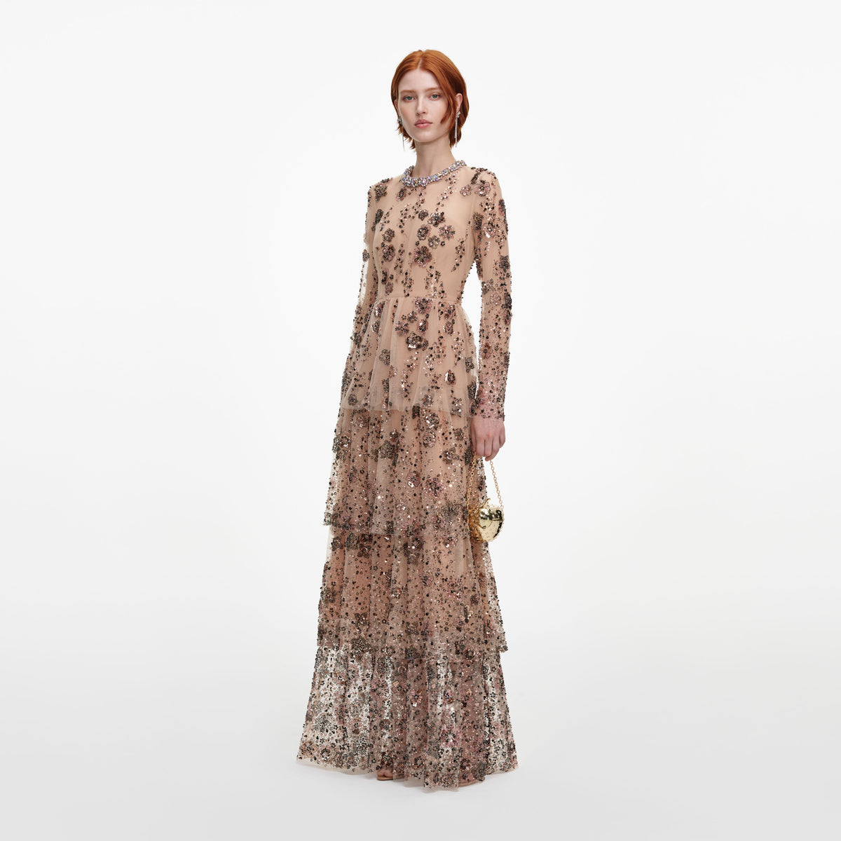 Side view of a woman wearing the Beige Sequin Embellished Tiered Maxi Dress