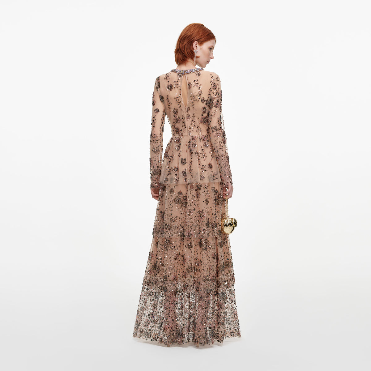 Back view of a woman wearing the Beige Sequin Embellished Tiered Maxi Dress