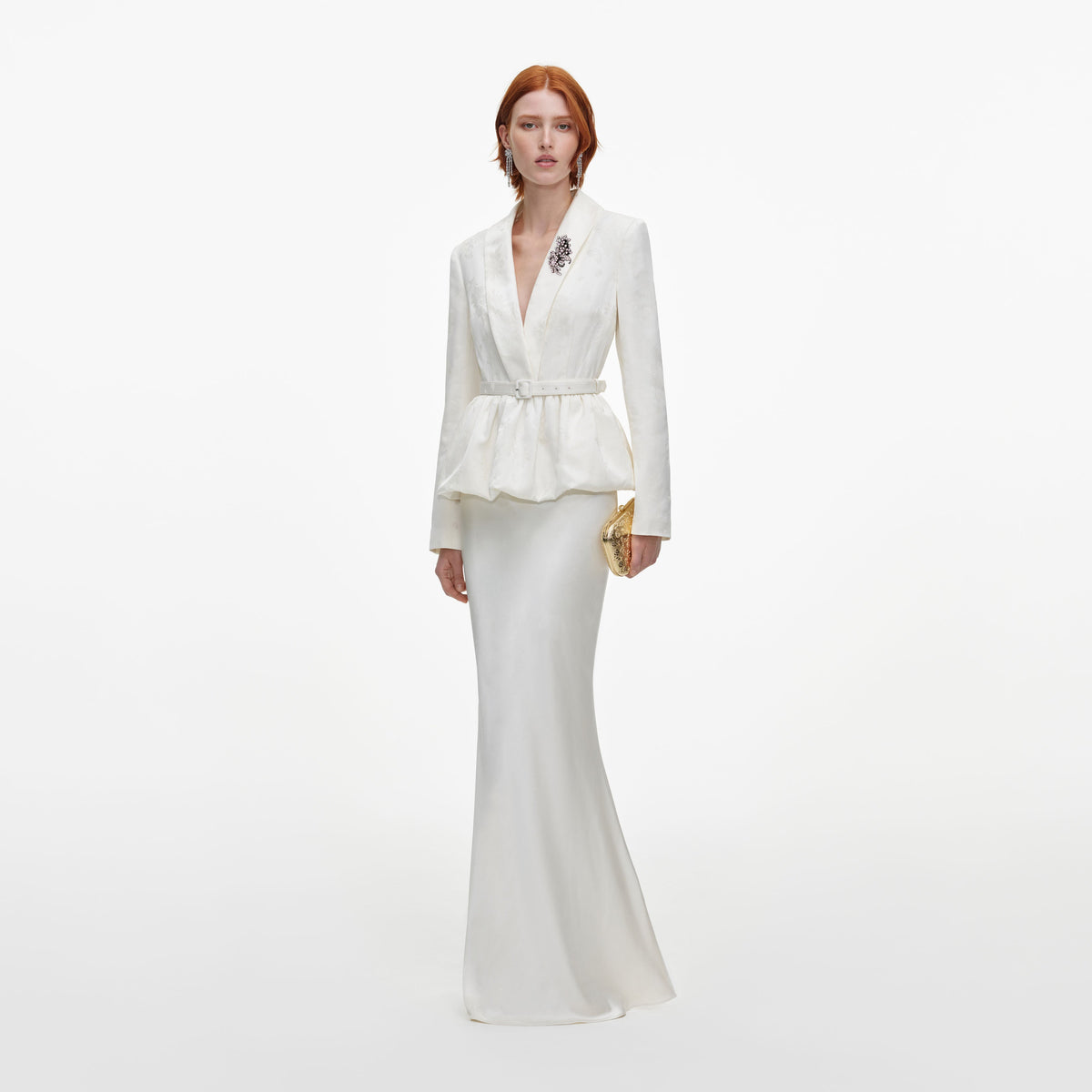 Side view of a woman wearing the Cream Jacquard Tailored Maxi Dress