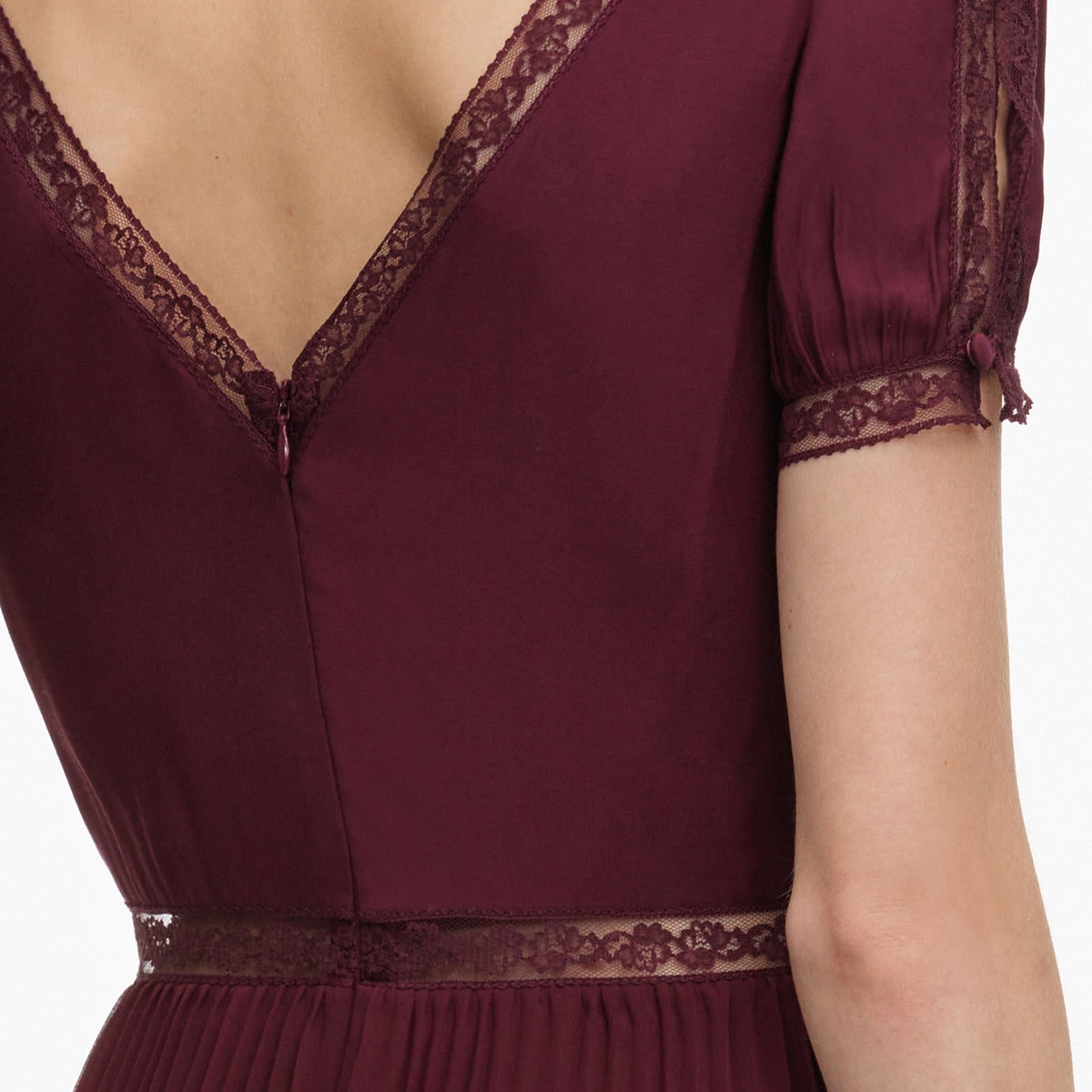 Burgundy Viscose Pleated Lace Midi Dress