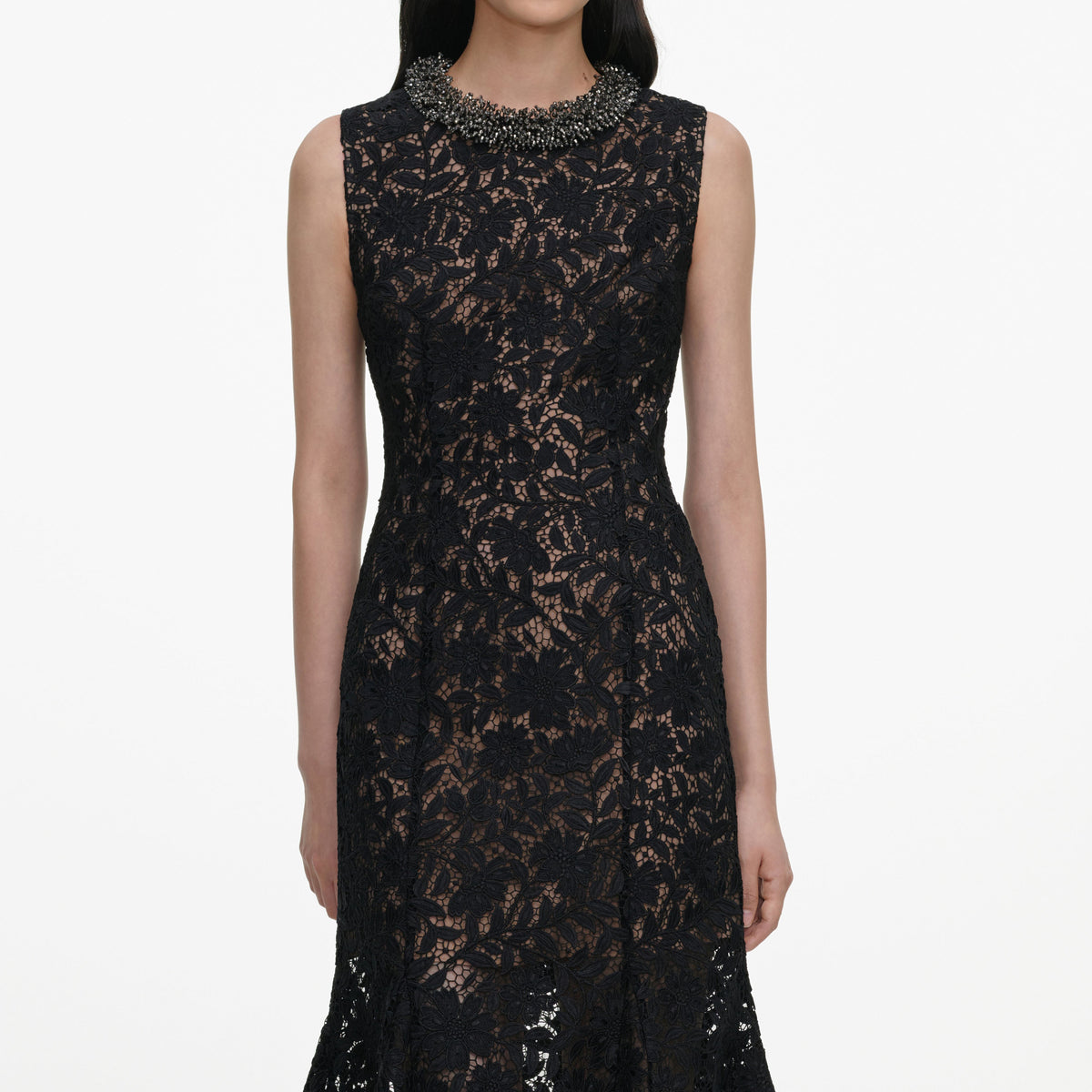 Black Lace Beaded Trim Midi Dress