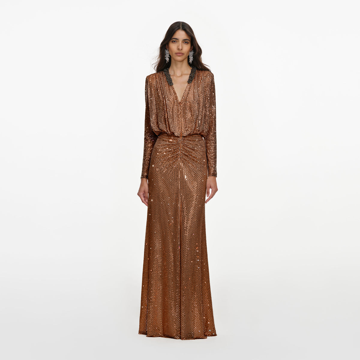 Brown Rhinestone Embellished Maxi Dress