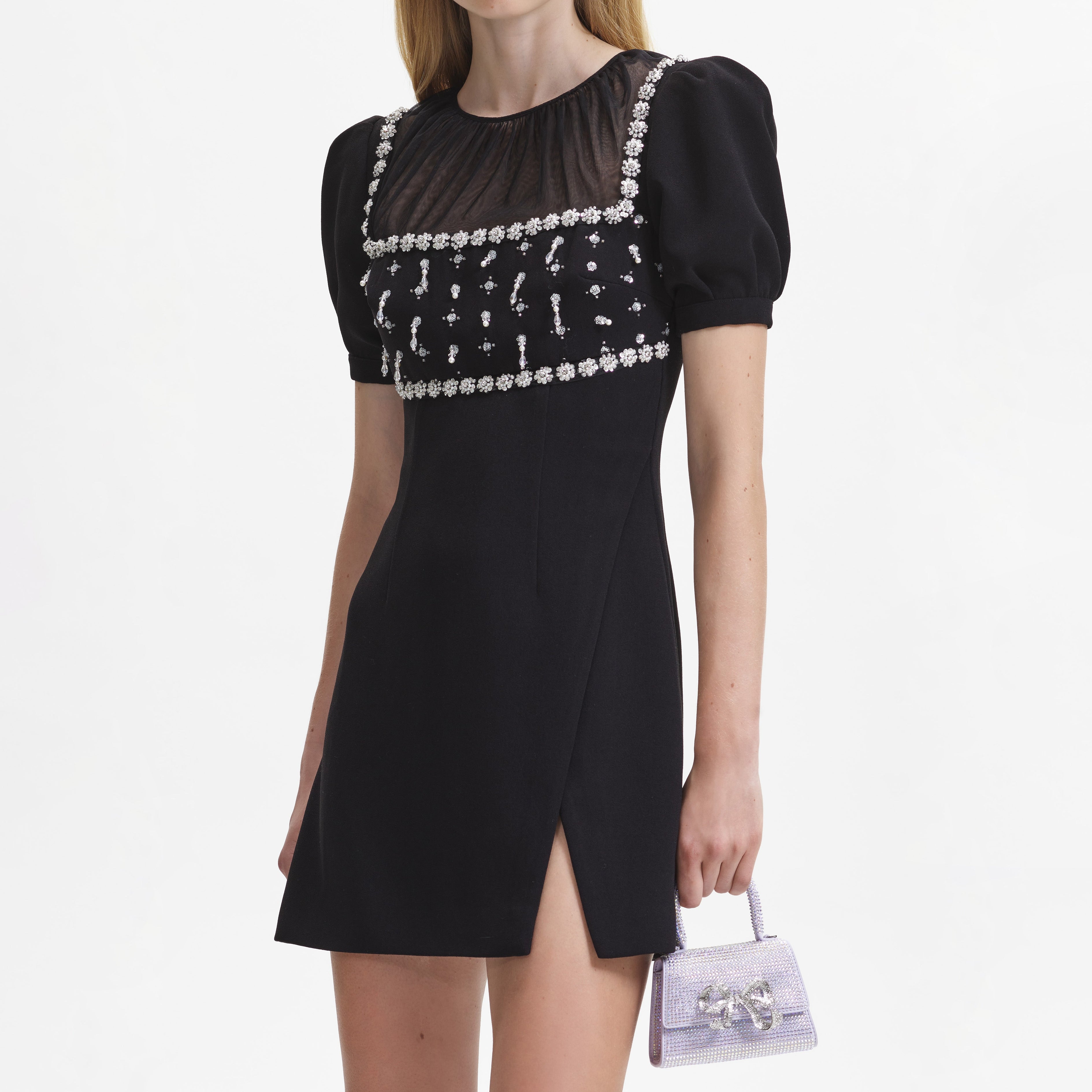 Black Crepe Embellished Mini Dress