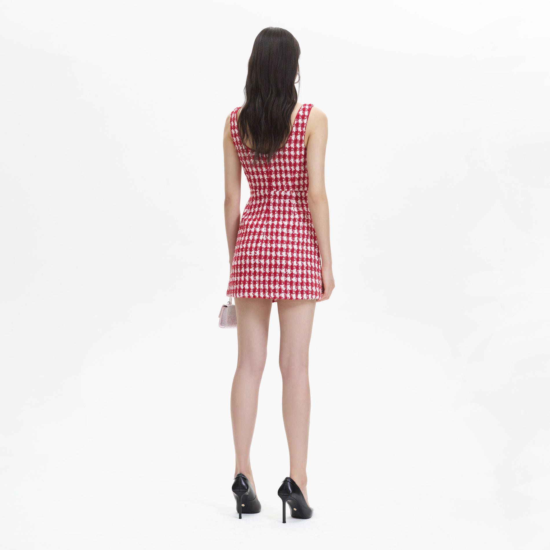 Back view of a woman wearing the Red Check Boucle Mini Dress