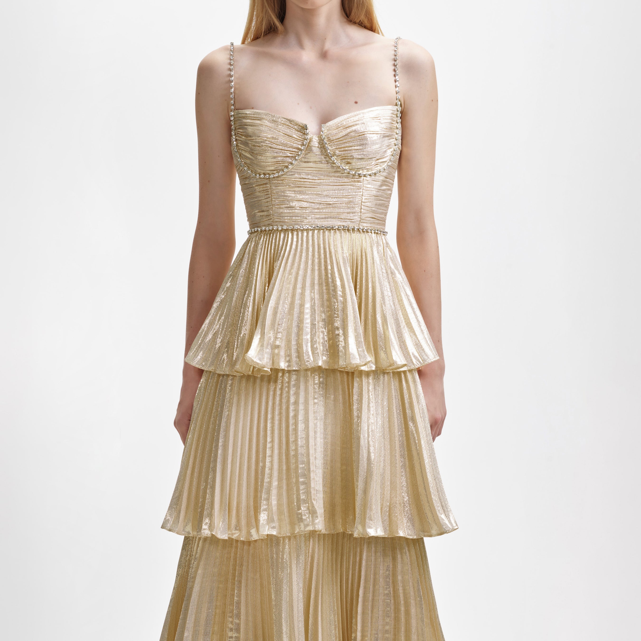 Gold Metallic Tiered Midi Dress