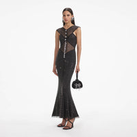 Black Rhinestone Fishnet Crossover Midi Dress