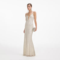 Cream Square Rhinestone Fishnet Maxi Dress