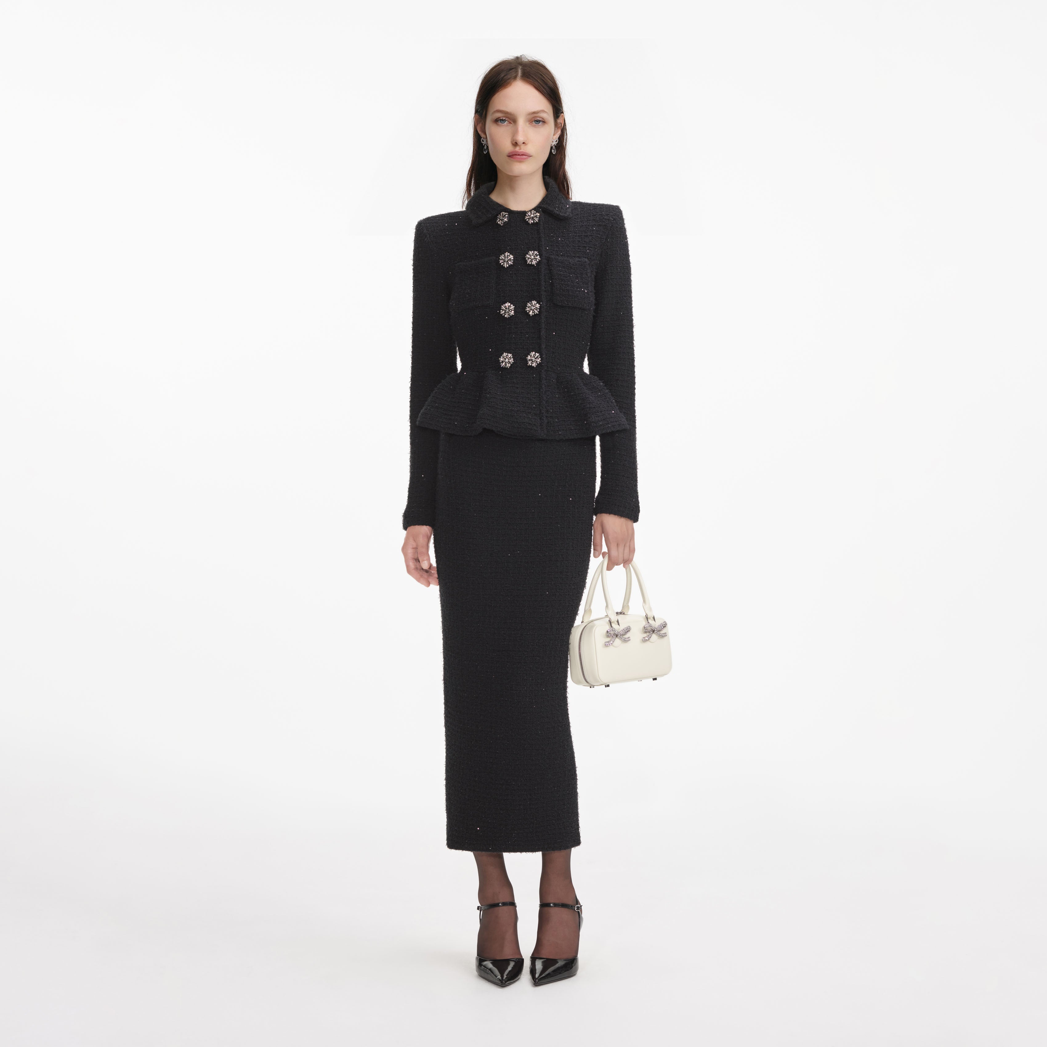 Black Textured Knit Peplum Midi Dress