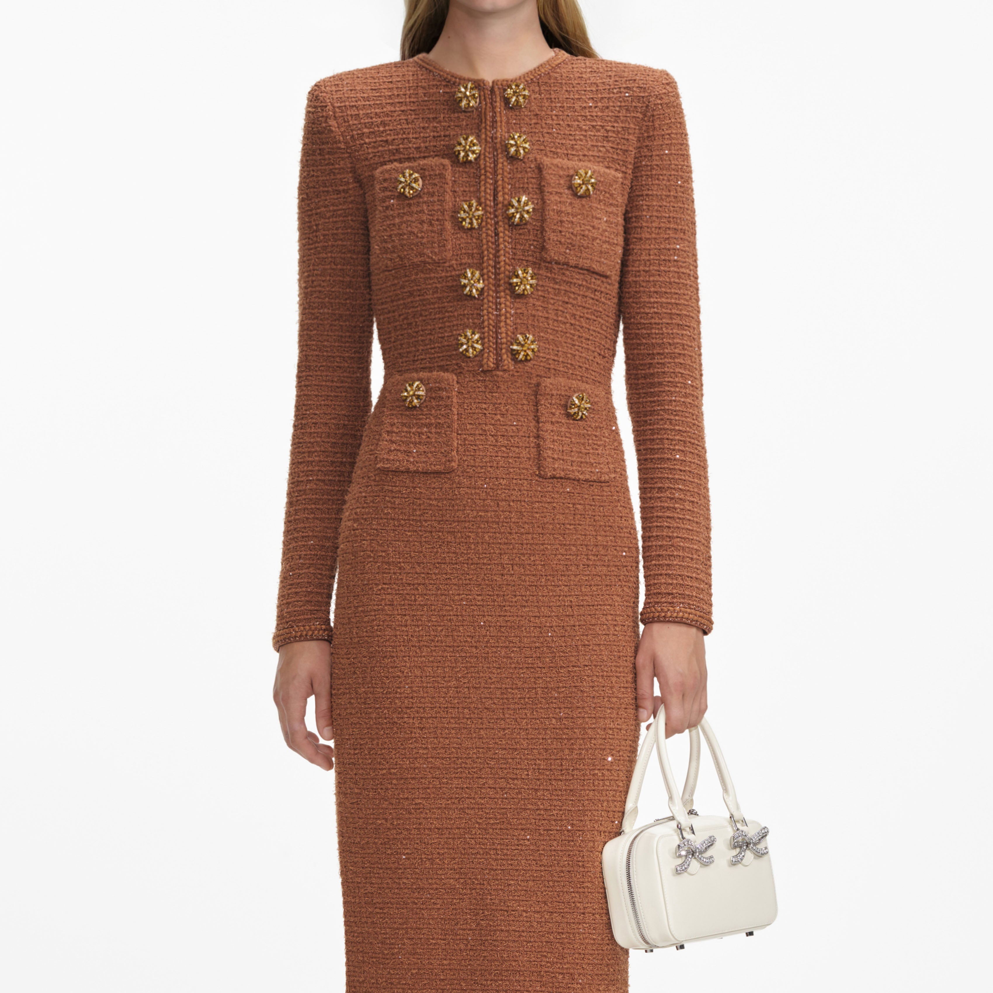 Brown Textured Knit Midi Dress