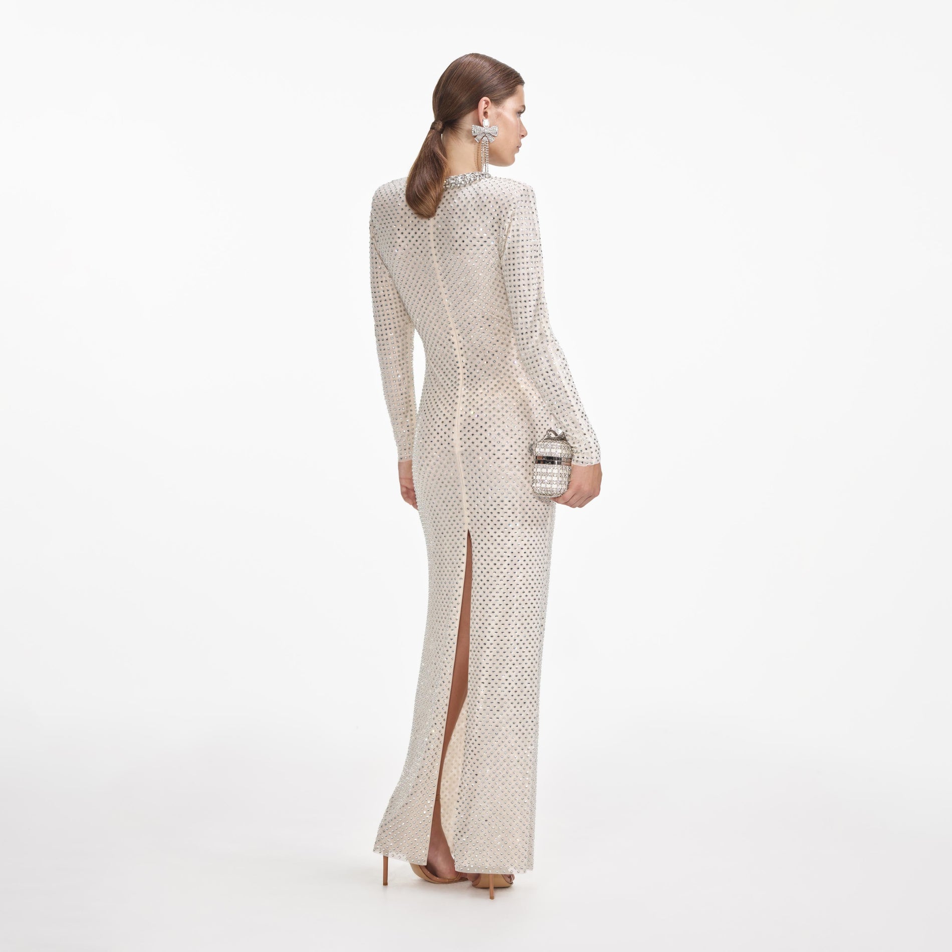 Back view of a woman wearing the Cream Rhinestone Diamante Trim Maxi Dress