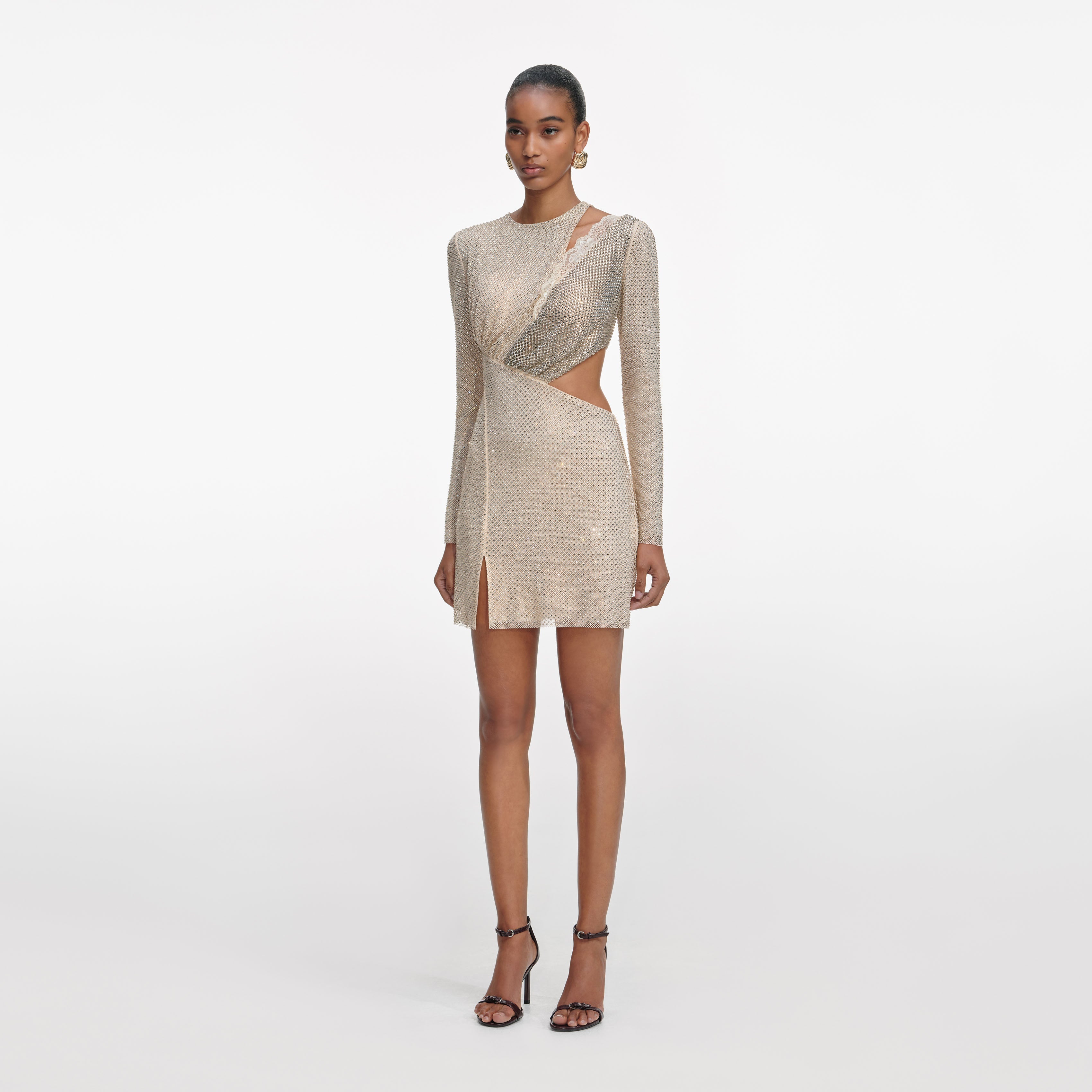 Champagne Rhinestone Lace Trim Mini Dress