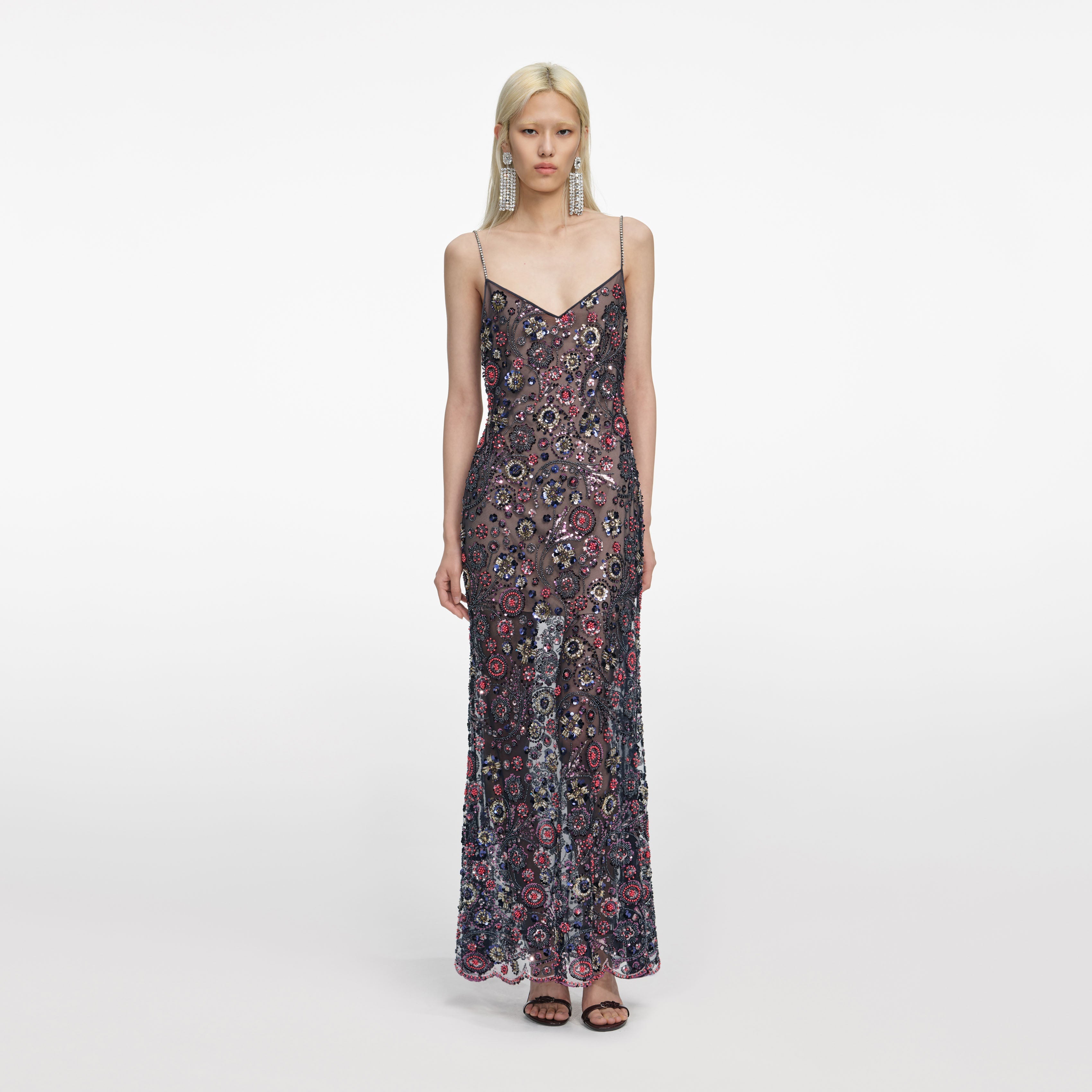 Blue Beaded Sequin Lace Maxi Dress – self-portrait-EU
