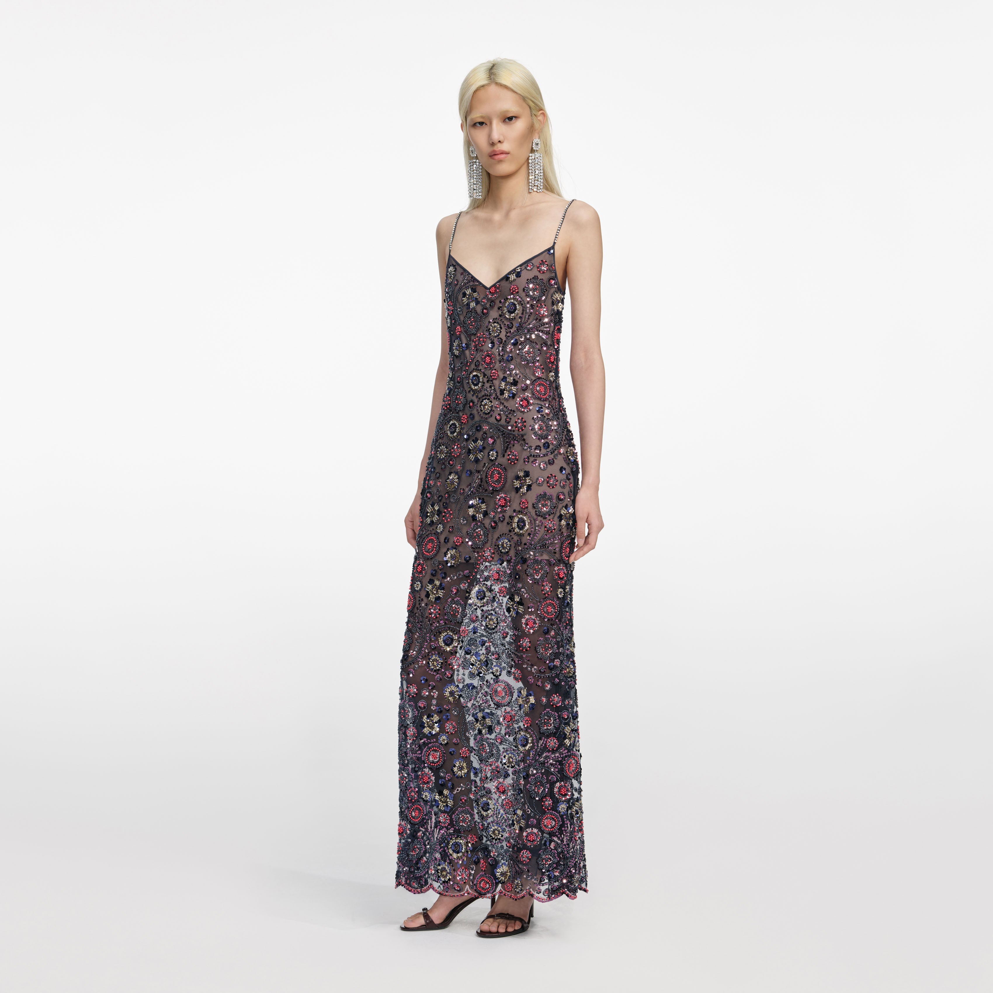 Navy Floral Sequin Maxi Dress