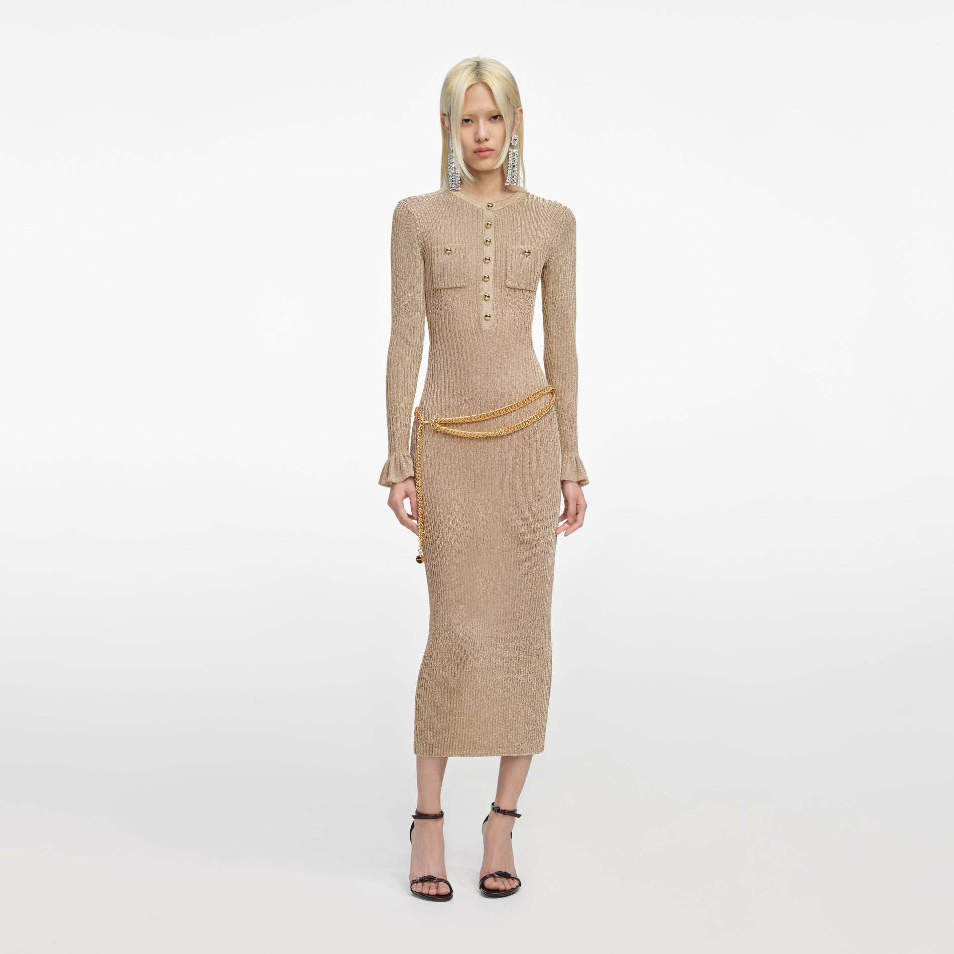 Front view of a woman wearing the Gold Lurex Ribbed Knit Midi Dress
