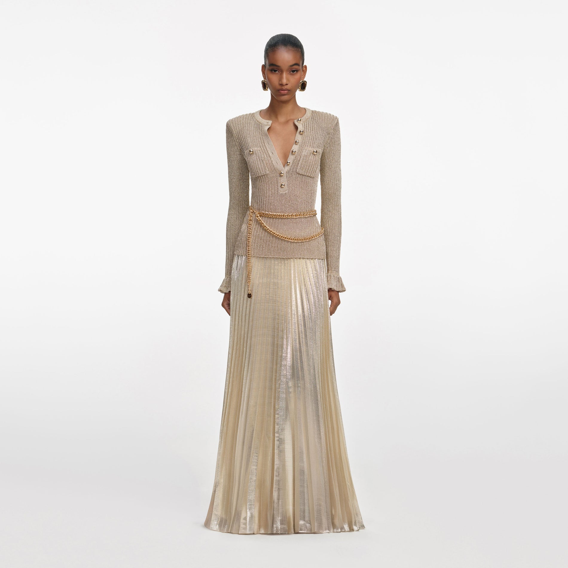 Front view of a woman wearing the Gold Lurex Ribbed Knit Maxi Dress